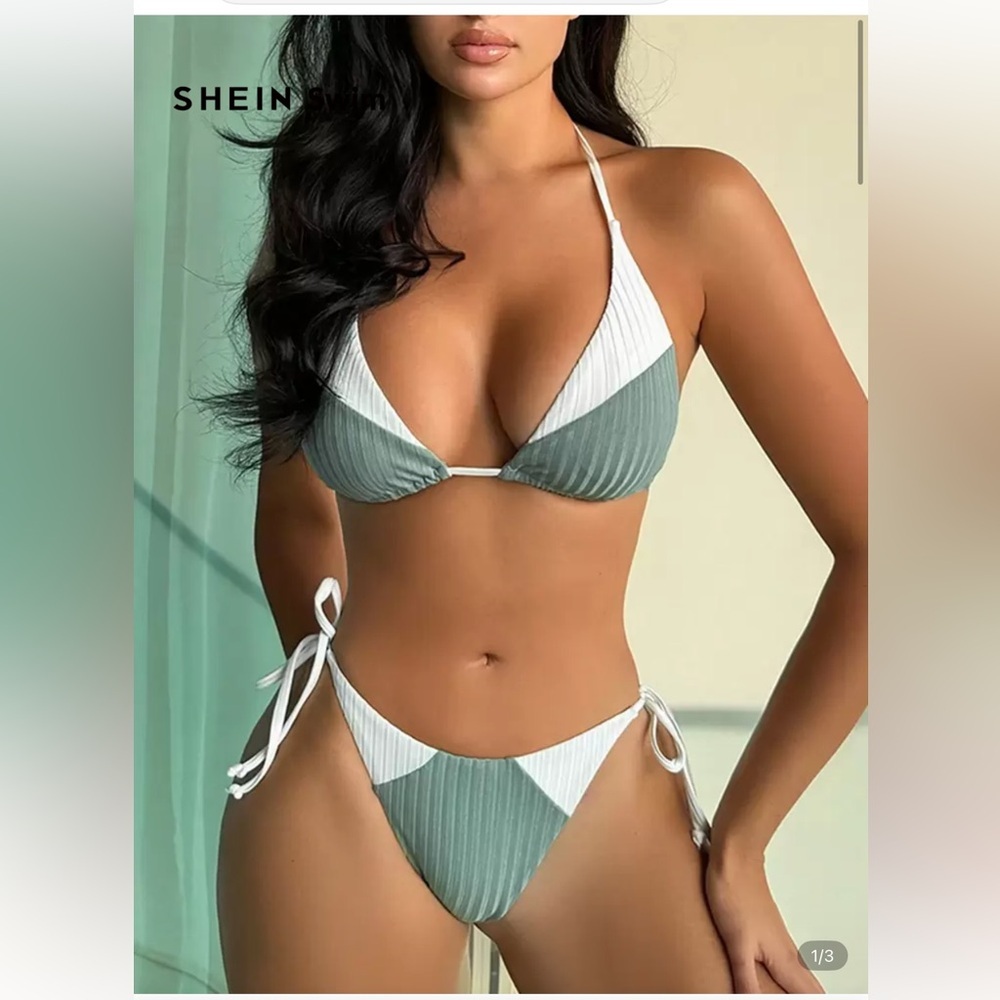 NEW Colorblock Knotted Bikini Top & Bottoms - Size Small | Color: Green/White